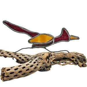 Vintage Stained Glass Road Runner Sculpture Cholla Wood Handmade Southwestern